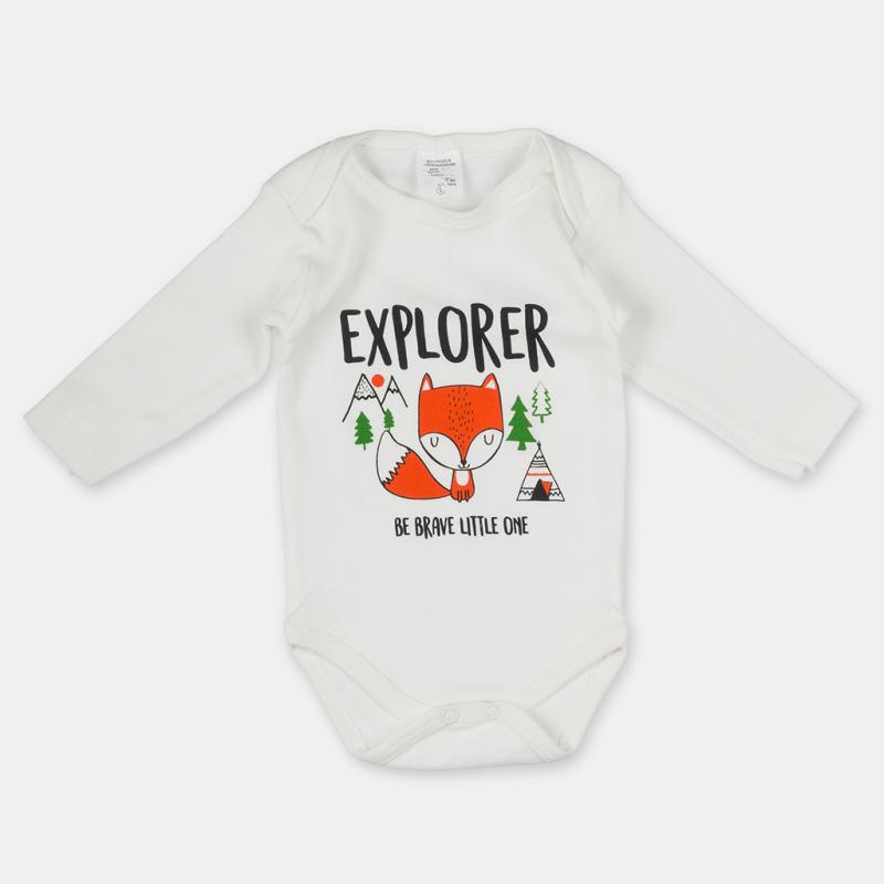 Baby bodysuit with long sleeves and stamp For a boy  Explorer  White