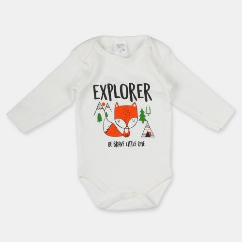 Бебешко боди с дълъг ръкав и щампа за момче Explorer Бяло