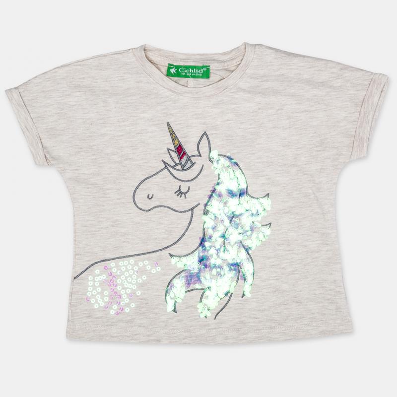 Детска тениска  момиче пайети gray unicorn - Сива
