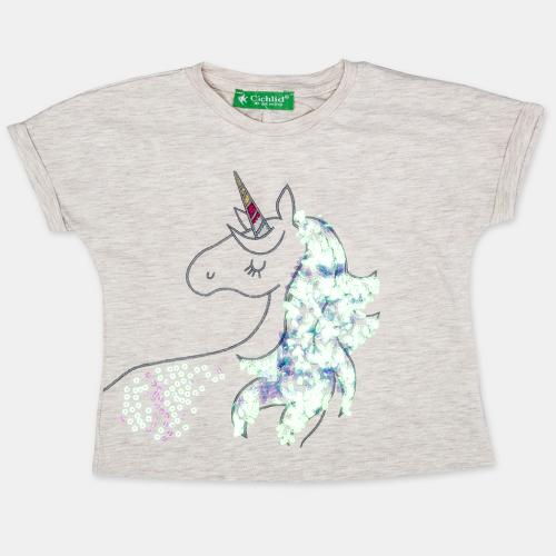 Детска тениска за момиче пайети gray unicorn - Сива