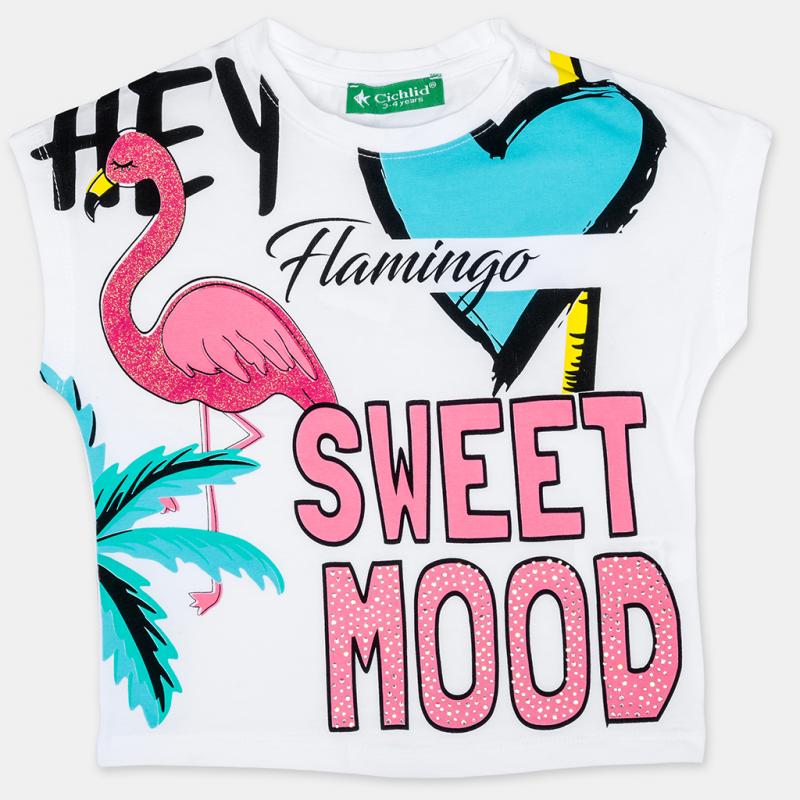 Tricou copii Pentru fată  Flamingo Sweet Mood   -  Albă