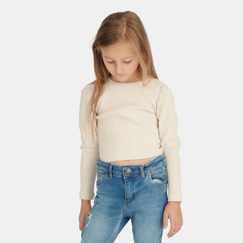 Childrens blouse with long sleeves with pearls short  Pearls Nude  Beige