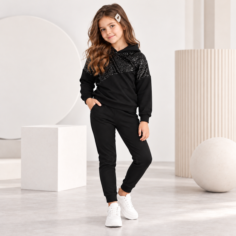 Детски спортен комплект  момиче Sequins Black - Черен