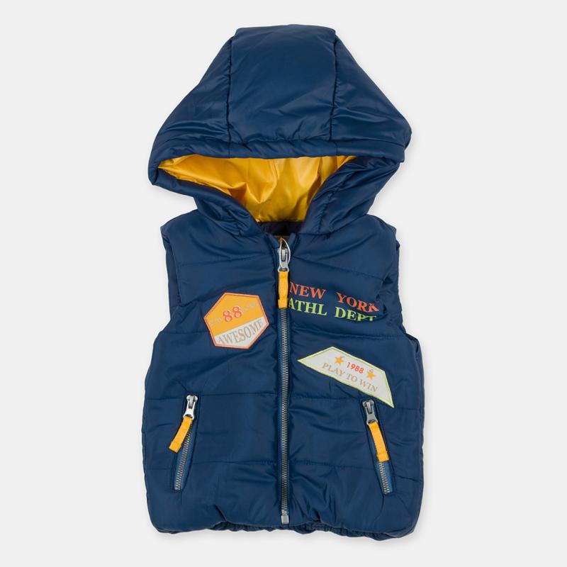 Childrens Vest with a hood  New York Yellow  Quilted Blue