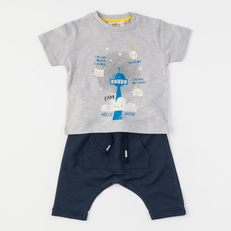 Childrens clothing set For a boy t-shirt and shorts  Cikoby Calling tower  Gray