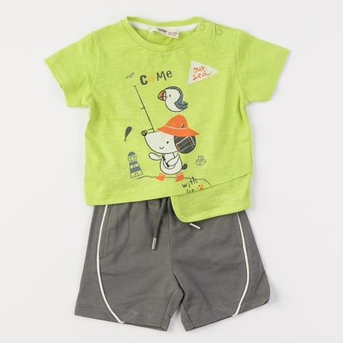 Детски летен комплект  момче Cikoby Come our sea тениска с къси панталонки Зелен