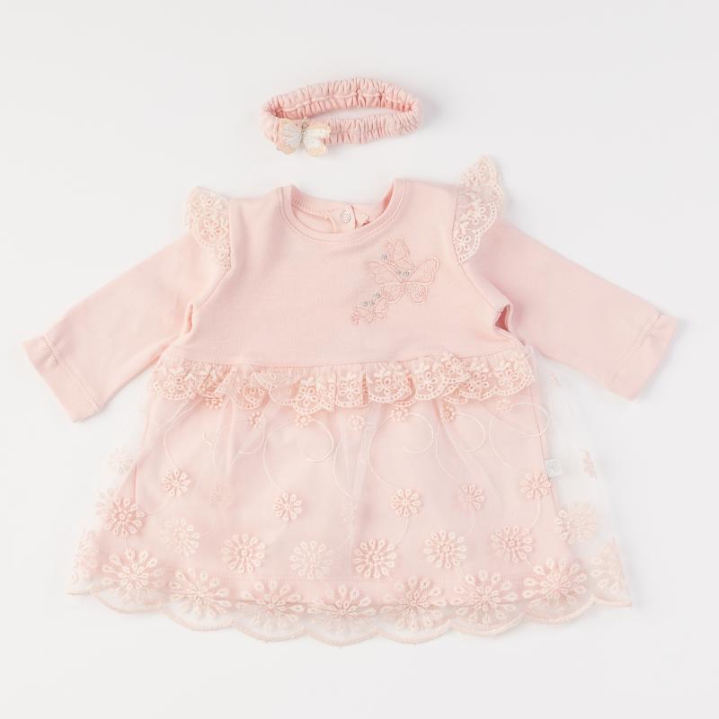 Бебешка рокля с дълъг ръкав с лента  коса Butterfly pink Розова