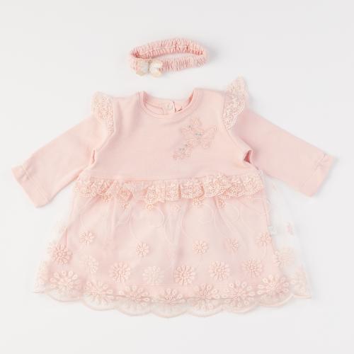 Бебешка рокля с дълъг ръкав с лента за коса Butterfly pink Розова