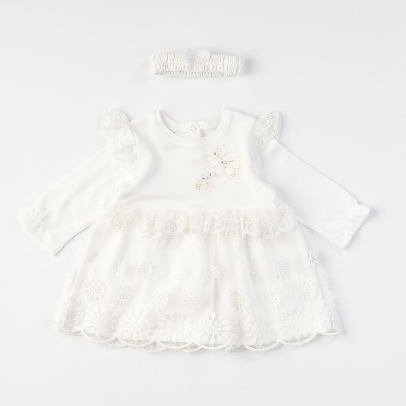 Baby dress with long sleeves with hair band  Butterfly White  White