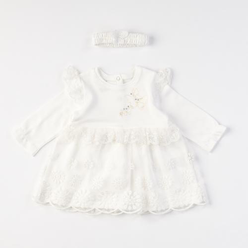 Бебешка рокля с дълъг ръкав с лента за коса Butterfly White Бяла