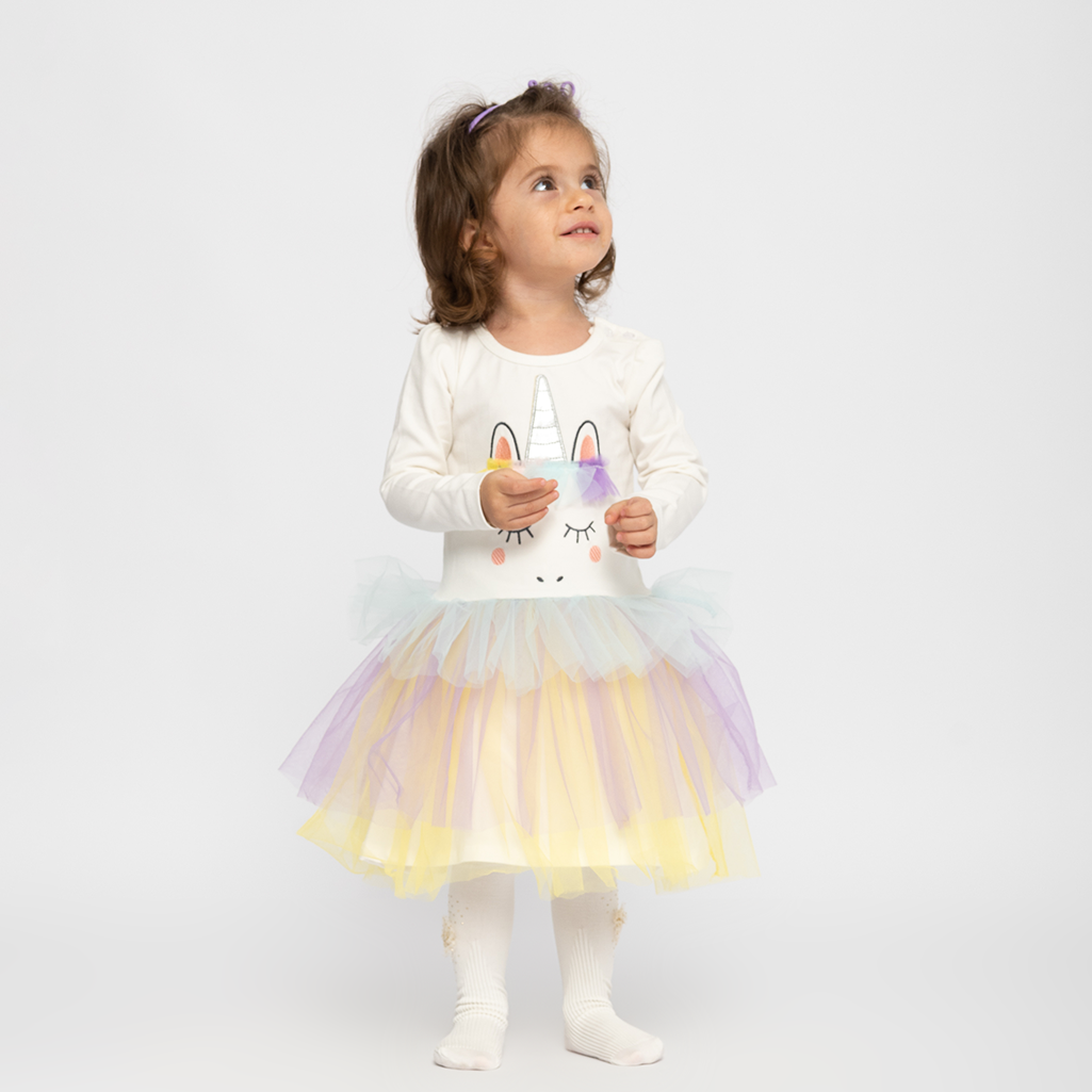 Παιδικο φορεμα με μακρυ μανικι με τουλι  Breeze Unicorn fairy  ασπρα