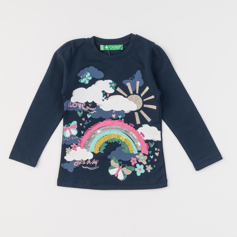 Childrens blouse For a girl  Cichlid  with long sleeves  Beautiful picture  Dark blue