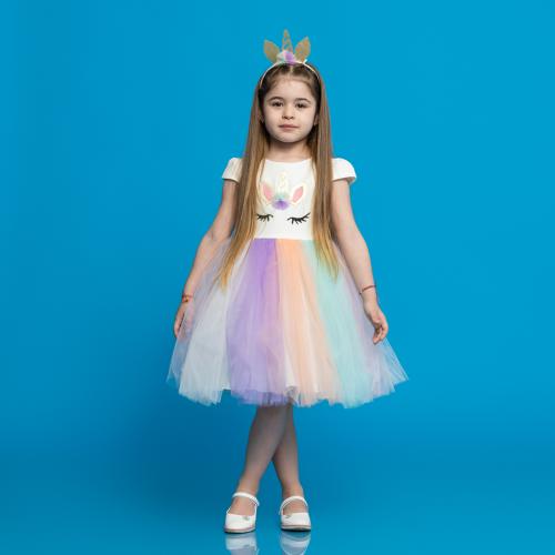 Παιδικο επισημο φορεμα με τουλι με μια τιάρα  Unicorn  ασπρα