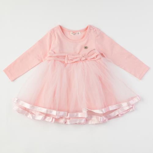 Детска рокля с тюл Breeze Pink с дълъг ръкав Розова