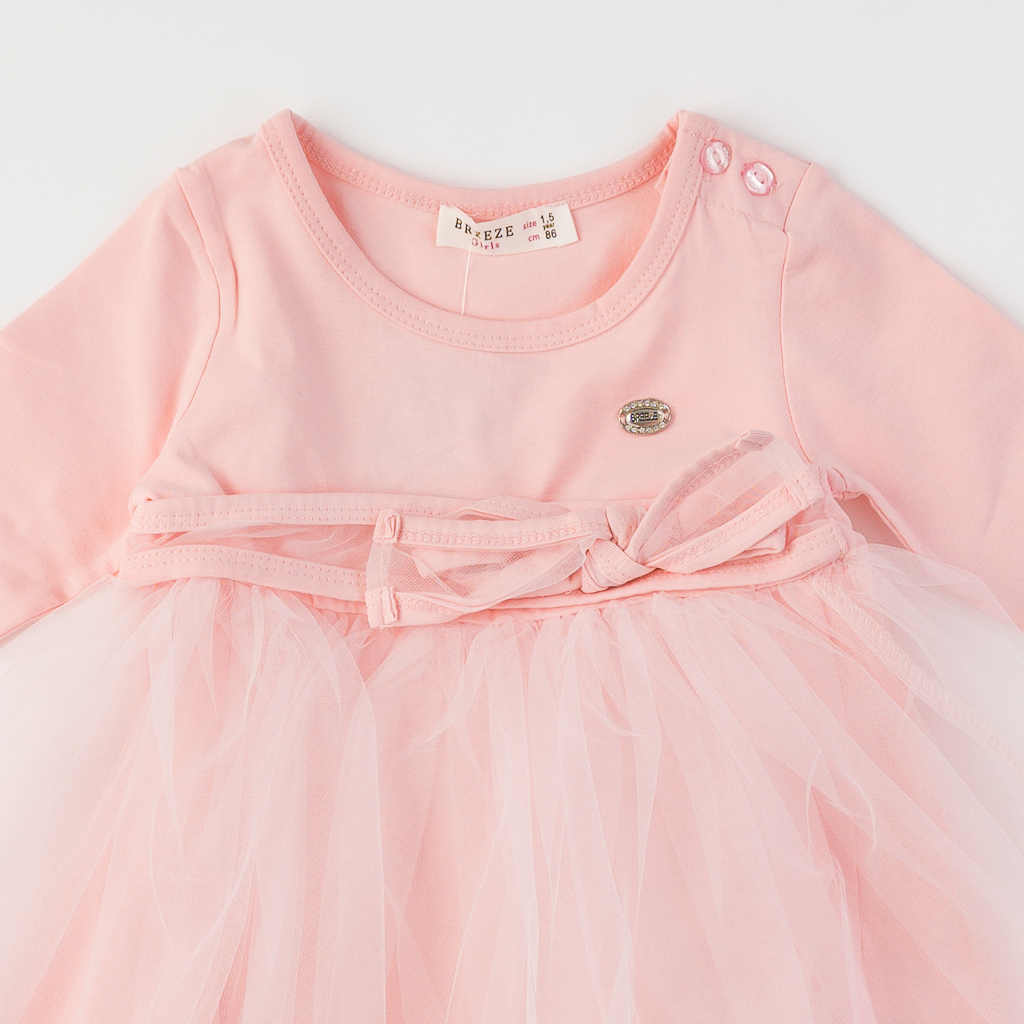 Παιδικο φορεμα με τουλι  Breeze Pink  με μακρυ μανικι Ροζε