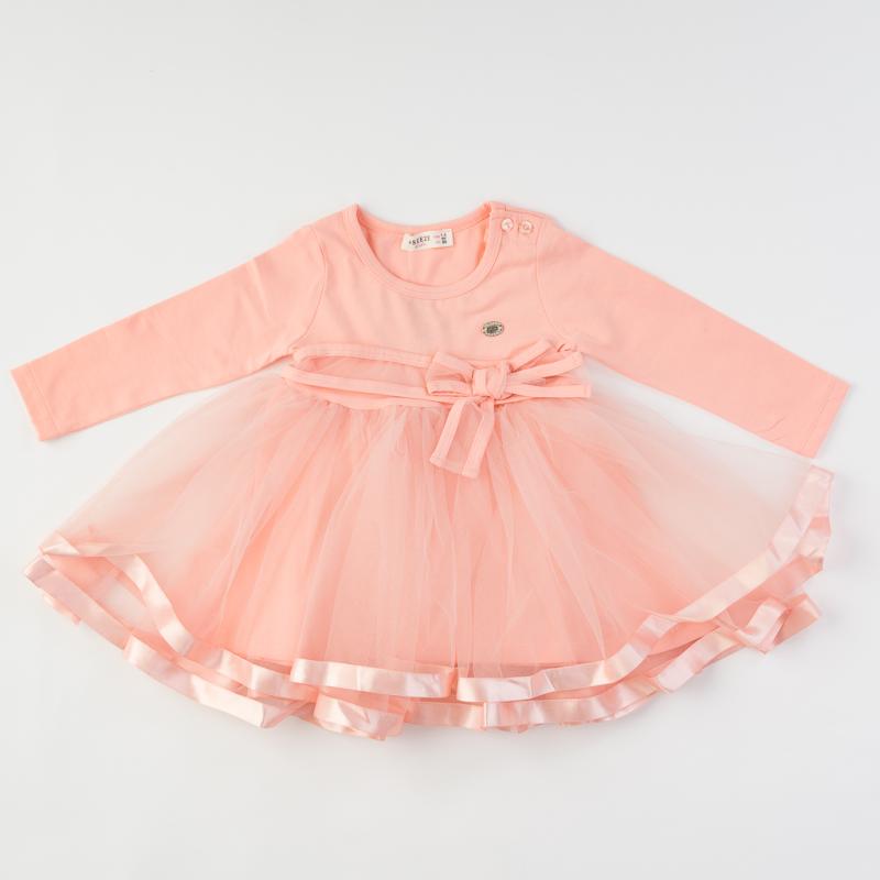 Детска рокля с тюл Breeze Pink с дълъг ръкав Праскова