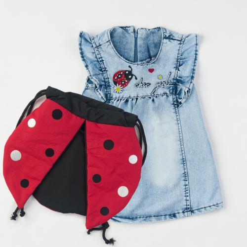 Детска дънкова рокля без ръкав Ladybug с раничка
