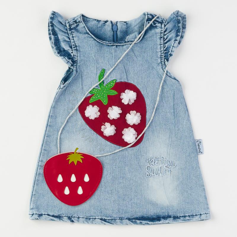 Детска дънкова рокля без ръкав Strawberry с чантичка