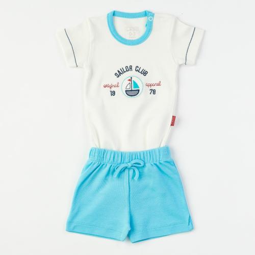 Бебешки комплект за момче боди с къси панталонки Sailor club Син