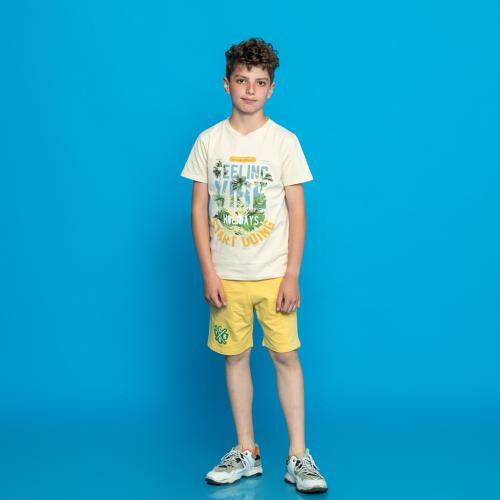 Детски комплект за момче тениска и къси панталонки Cikoby Feeling Vibe - Бежов