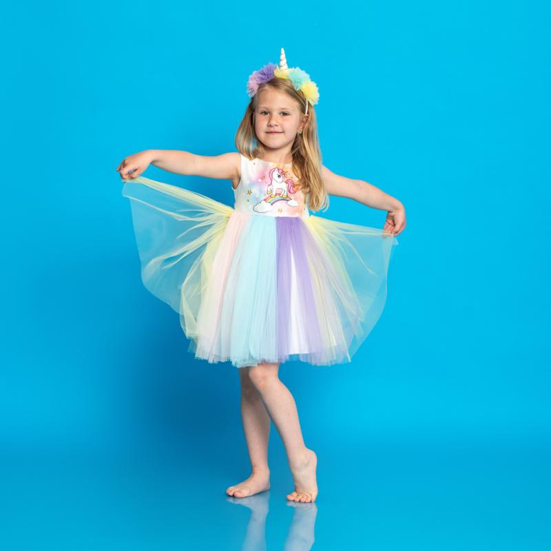 Детска официална рокля с тюл Unicorn с диадема Бяла
