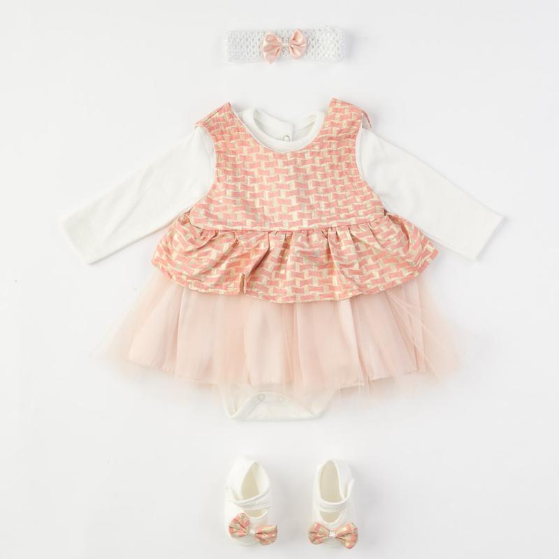 Βρεφικο σετ Για Κορίτσι  Petite Ponoin Baby  με φορεμα και παπουτσακια 4 τεμαχια Ροδακινι