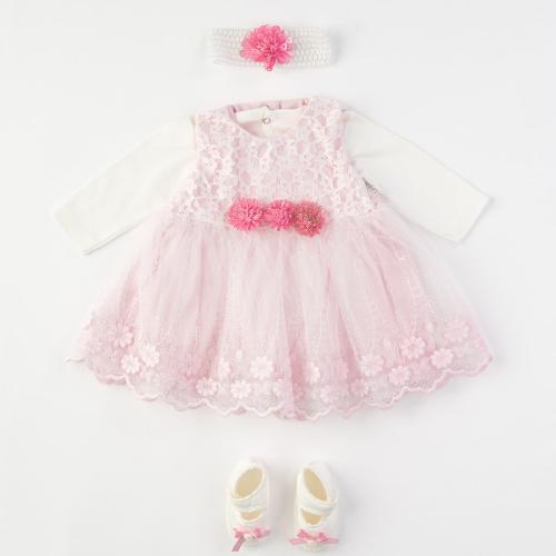 Комплект за изписване за момиче Leylek Baby с рокля и обувчици 4 части Розов