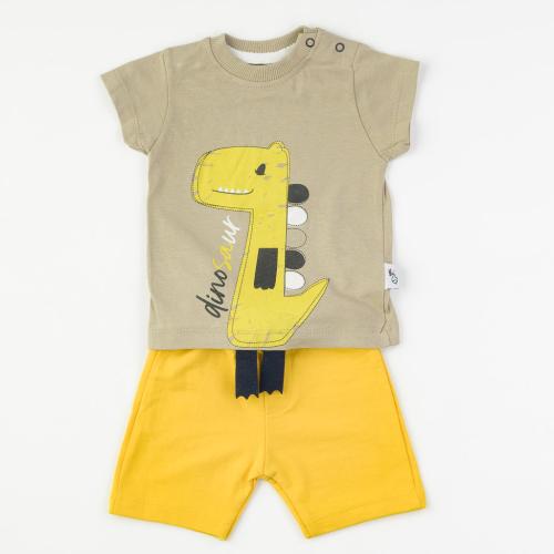 Бебешки комплект тениска и къси панталонки за момче Dino Life Бежов