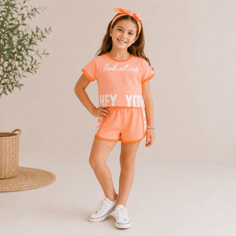 Детски комплект тениска и къси панталонки  момиче BupperLook at me Оранжев