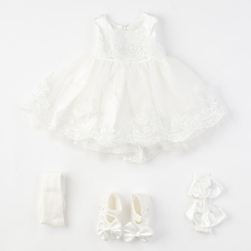 Бебешки комплект официална рокля с чорапогащник лента  коса и обувчици Amante Бял
