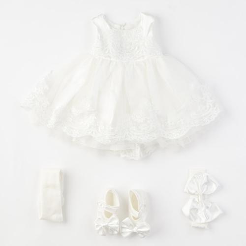 Бебешки комплект официална рокля с чорапогащник лента за коса и обувчици Amante Бял