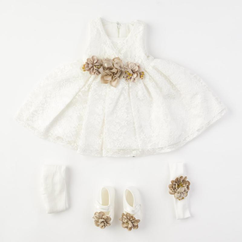 Бебешки комплект официална рокля с дантела с чорапогащник лента  коса и обувчици Amante Brawn Бял