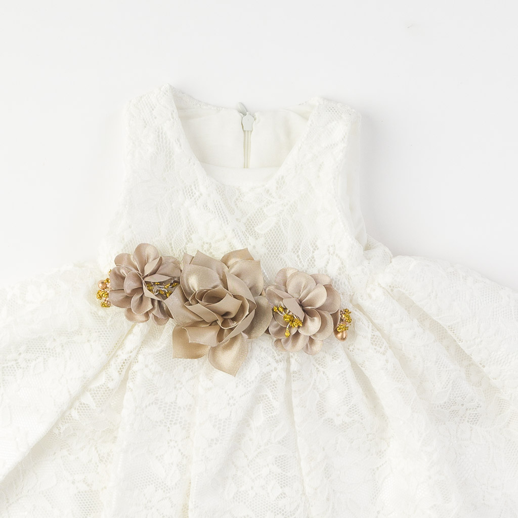 Бебешки комплект официална рокля с дантела с чорапогащник лента за коса и обувчици Amante Brawn Бял