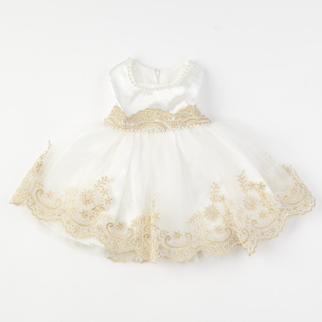 Бебешки комплект официална рокля с чорапогащник лента за коса и обувчици Amante gold Бял