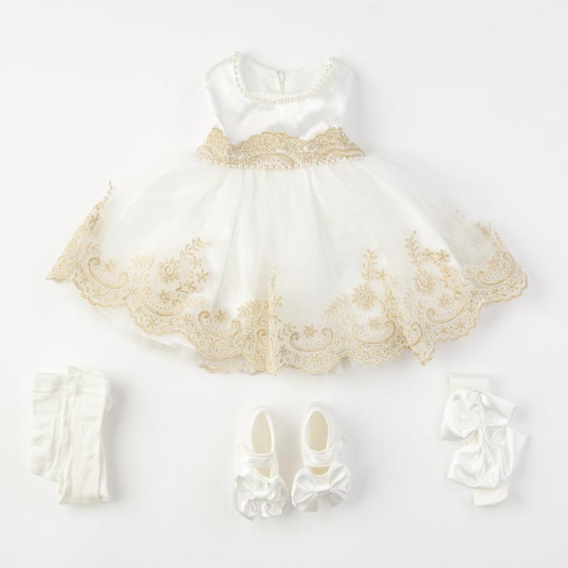 Бебешки комплект официална рокля с чорапогащник лента  коса и обувчици Amante gold Бял