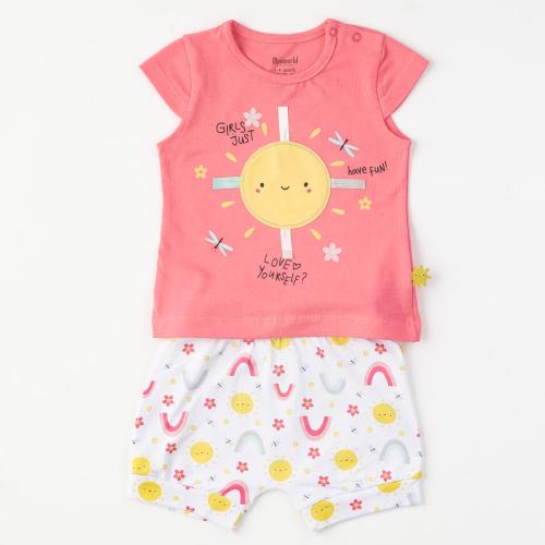 Бебешки комплект тениска и къси панталонки Miniworld Just have fun Розов