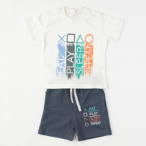 Детски комплект за момче тениска и къси панталонки Eat Play Sleep Сив