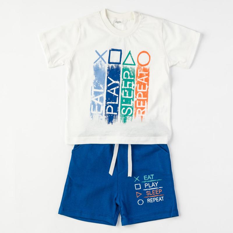 Детски комплект  момче тениска и къси панталонки Eat Play Sleep Син