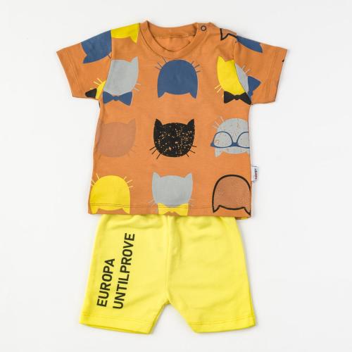 Бебешки комплект за момче тениска и къси панталонки Cats Кафяв