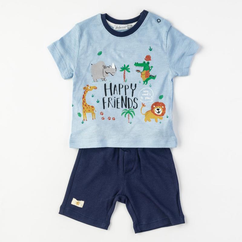 Бебешки комплект  момче тениска и къси панталонки Bebessi Happy Friend Син