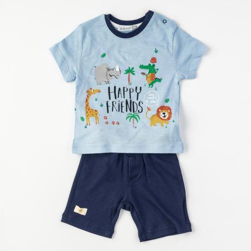 Бебешки комплект за момче тениска и къси панталонки Bebessi Happy Friend Син