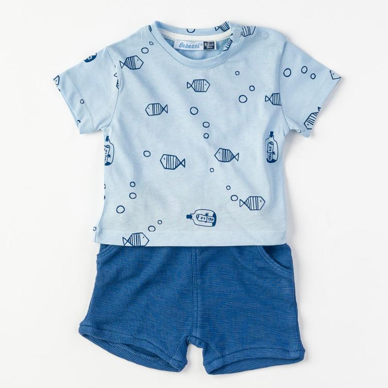 Бебешки комплект  момче тениска и къси панталонки Bebessi Fishes in the sea Син