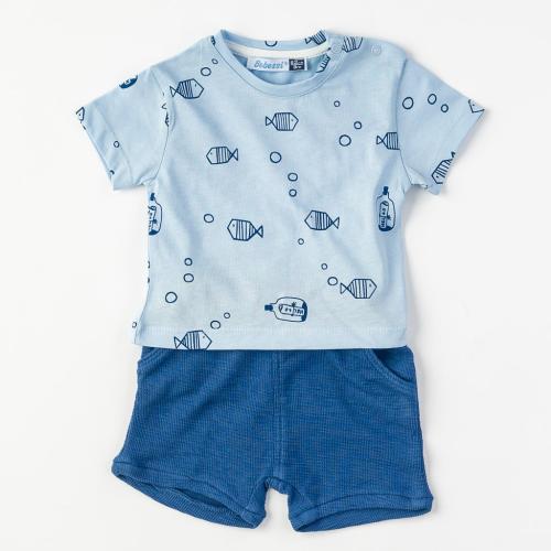 Бебешки комплект за момче тениска и къси панталонки Bebessi Fishes in the sea Син