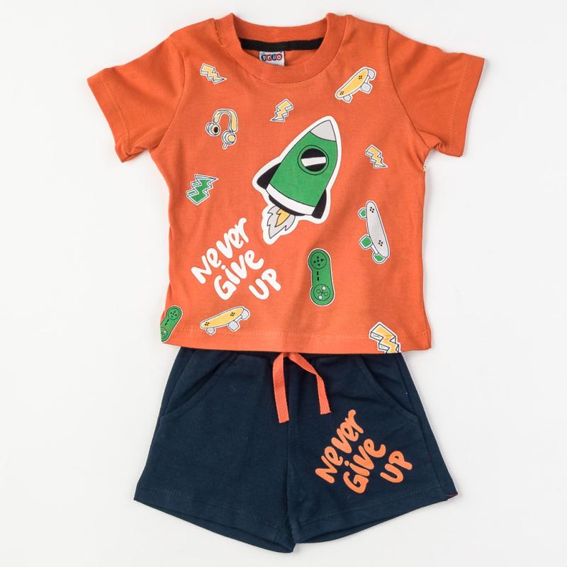 Бебешки комплект  момче Never give up тениска и къси панталонки Оранжев
