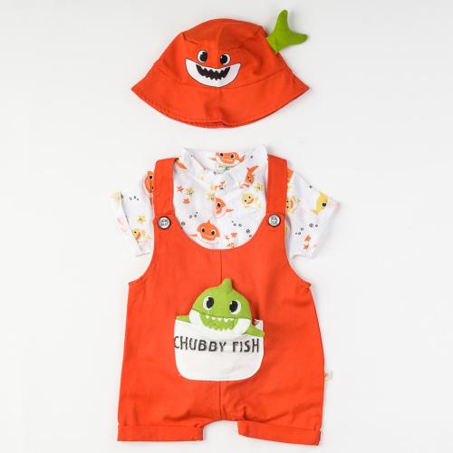 Бебешки комплект за момче риза гащеризон и шапка Baby Shark Оранжев
