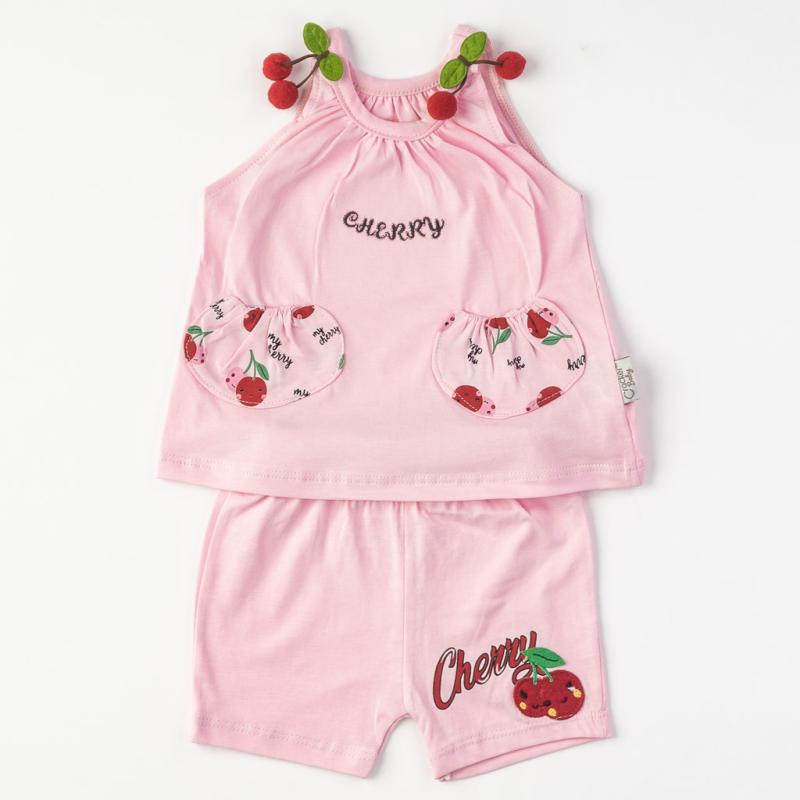 Бебешки комплект  момиче потник и къси панталони Cherry Розов