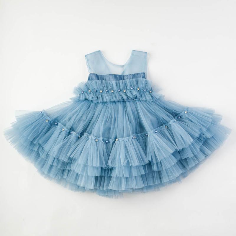 Детска официална рокля с тюл перли и камъни Ayisig Beauty Синя