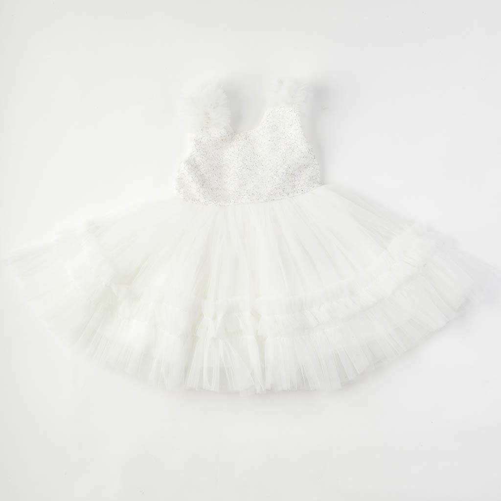 Детска официална рокля с тюл и брокат Бяла