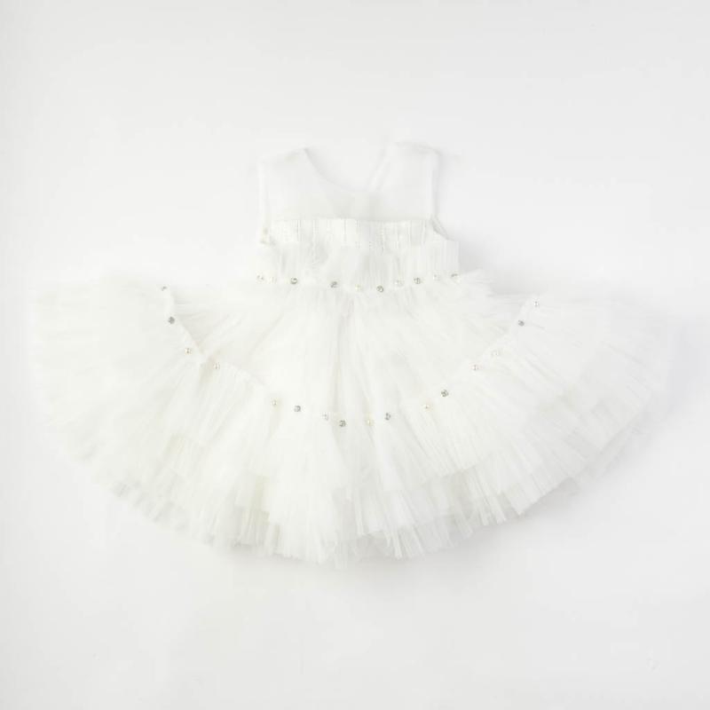 Детска официална рокля с тюл перли и камъни Ayisig Beauty Бяла