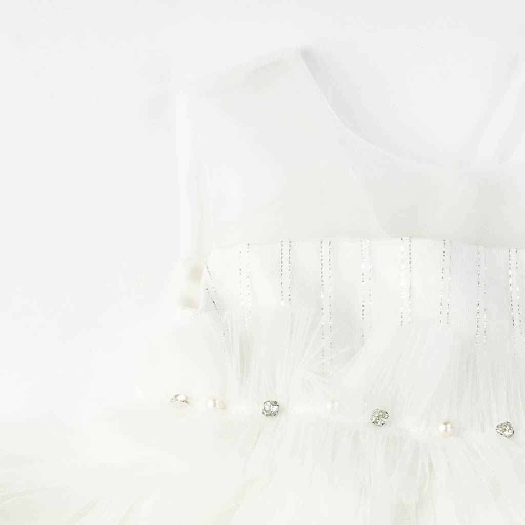 Детска официална рокля с тюл перли и камъни Ayisig Beauty Бяла